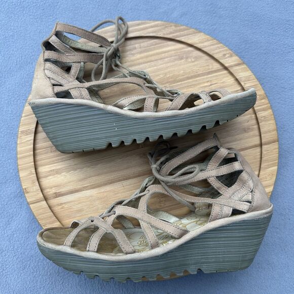 Fly London Yuke Leather Gladiator Wedge Sandals Womens Size US 10 EU 41 Tan - Picture 1 of 10